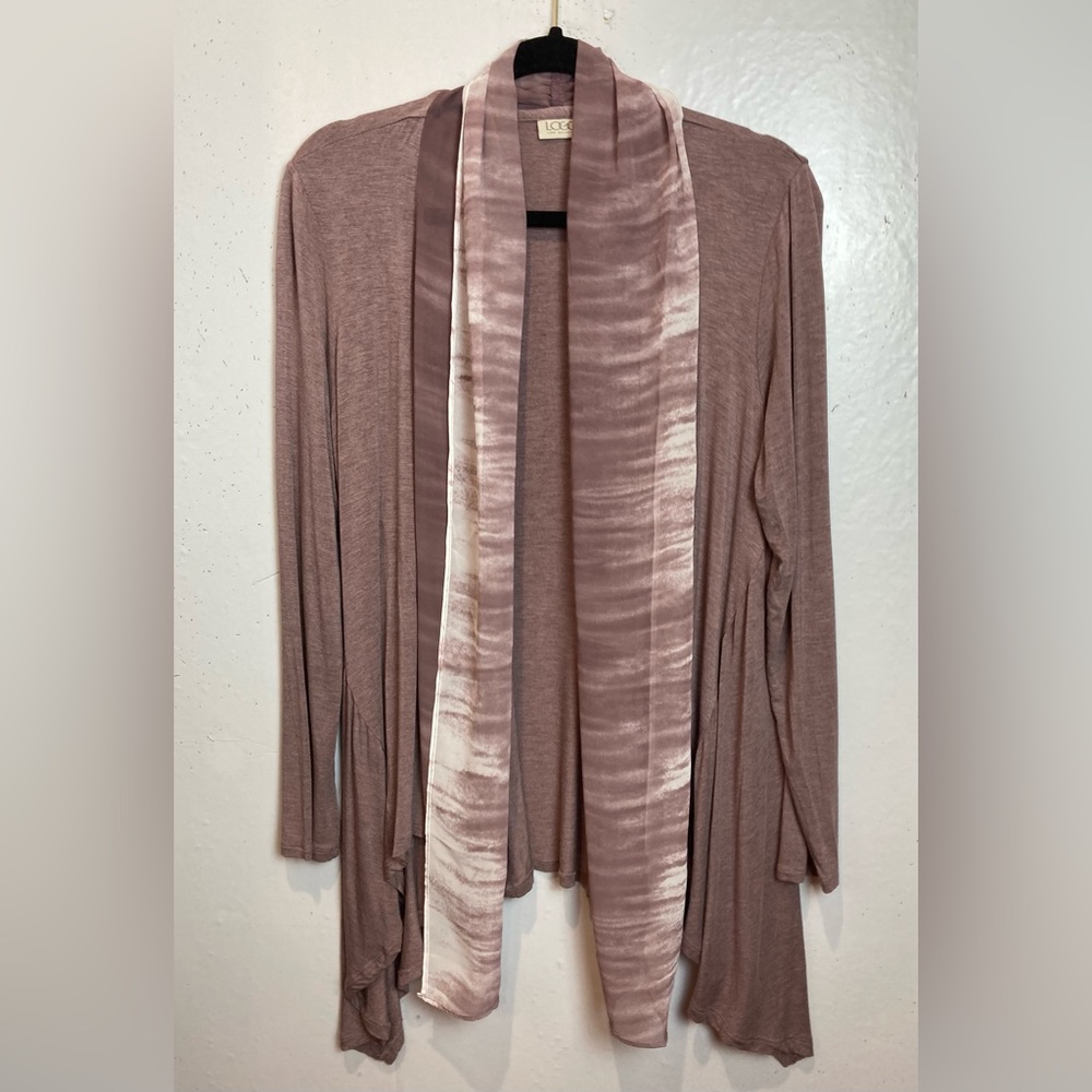 LOGO Lori Goldstein Cardigan Size S Open Front Knit Chiffon Trim Draped Topper